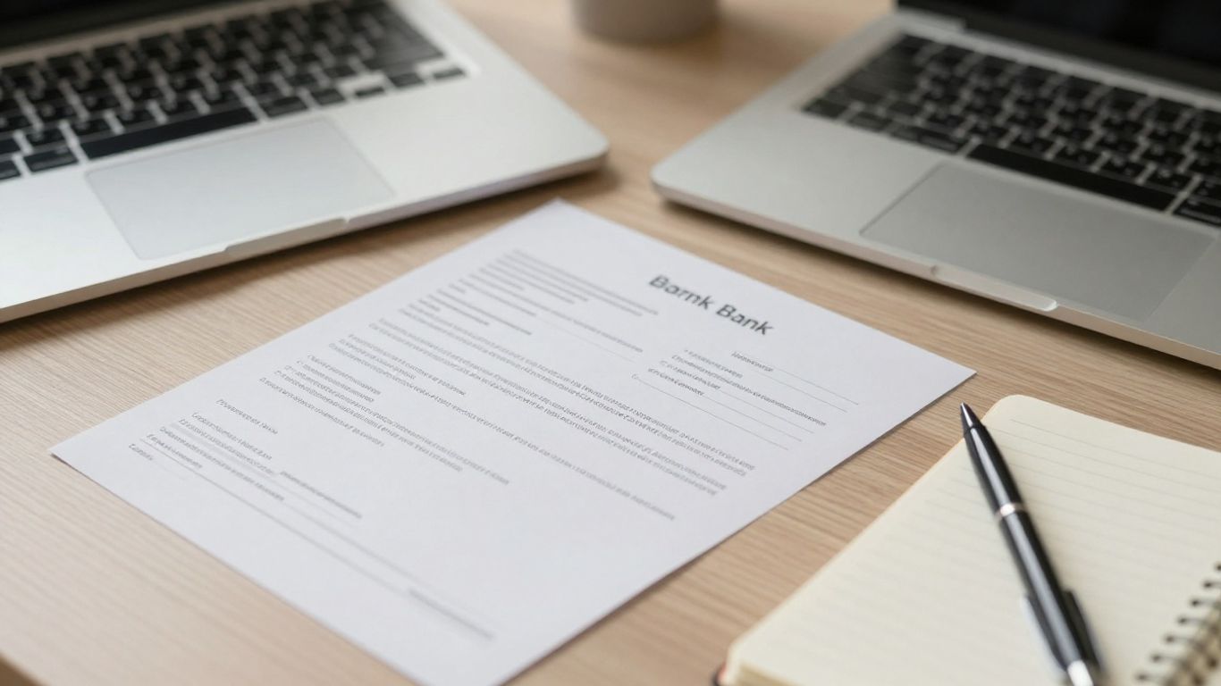Bank statement beside a laptop and notebook
