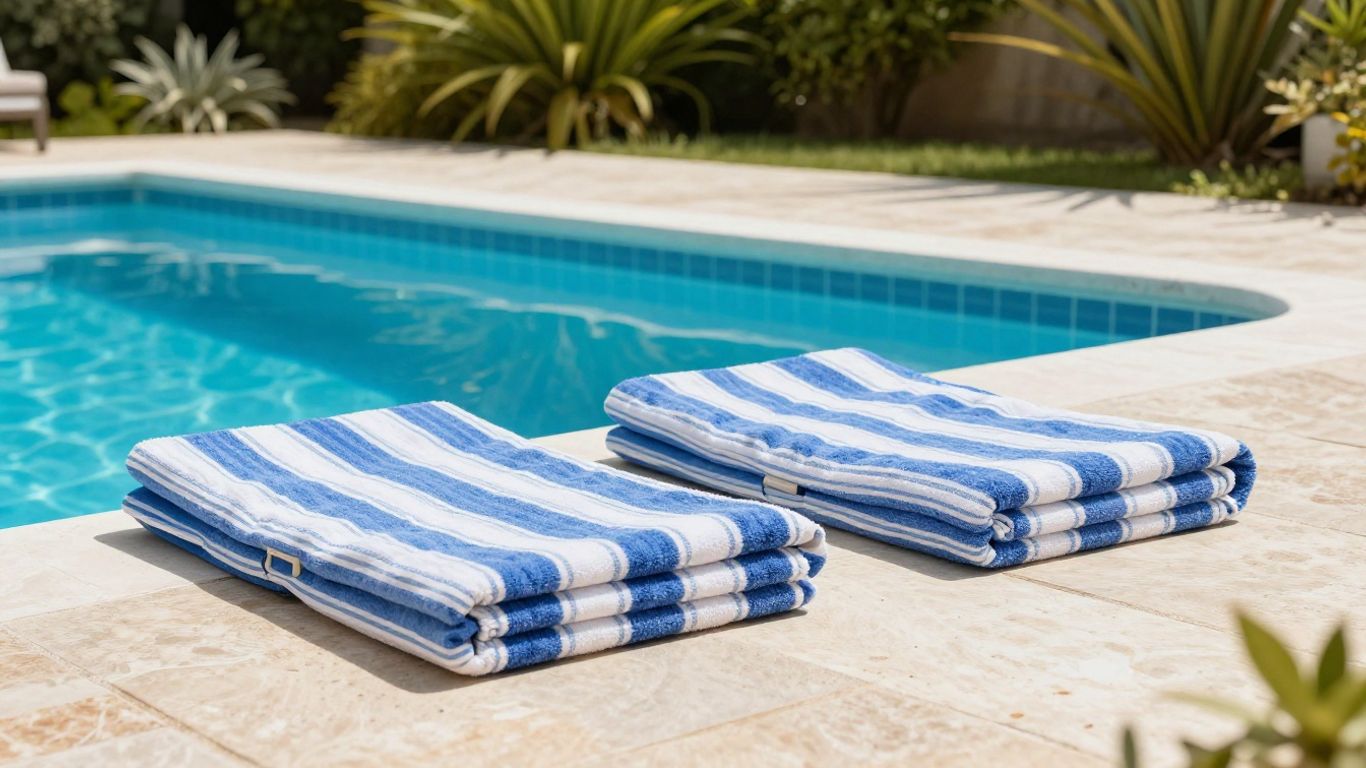 Striped fabric pool floats with coordinated towels