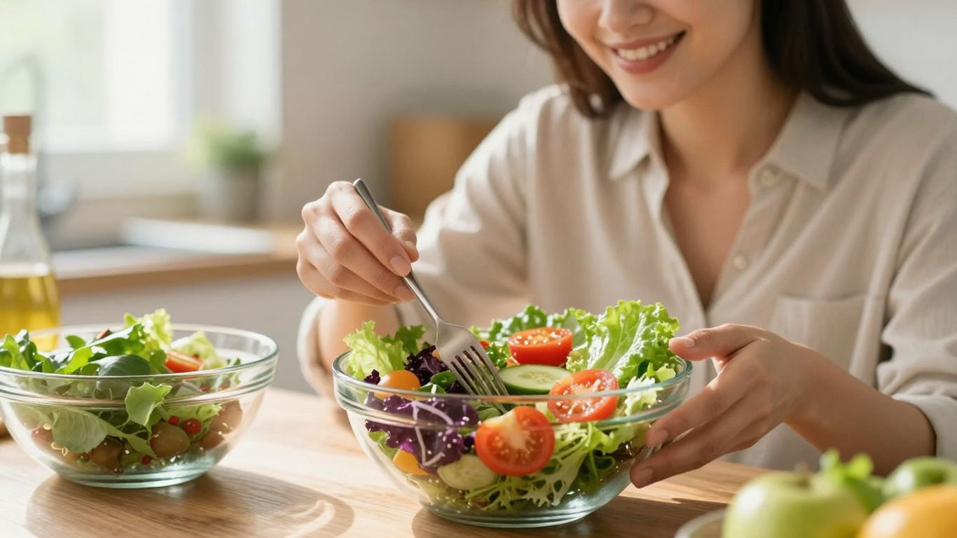 Femme souriante mangeant une salade saine et colorée
