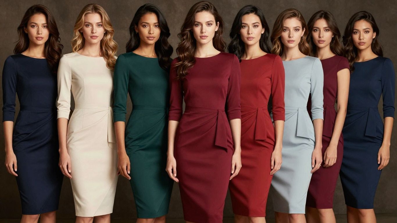 Models wearing elegant 3/4 sleeve dresses in various styles.