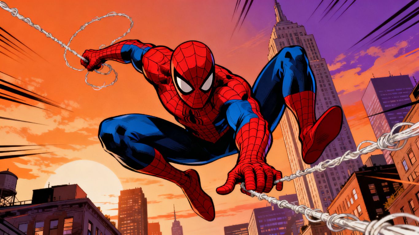 Spider-Man leaping through a city at sunset.