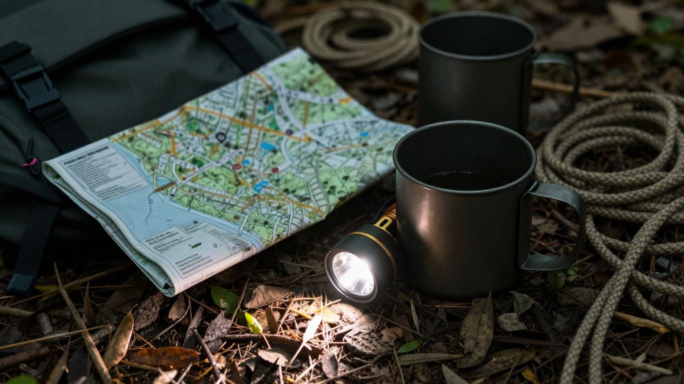 Camping flashlight and gear on forest floor