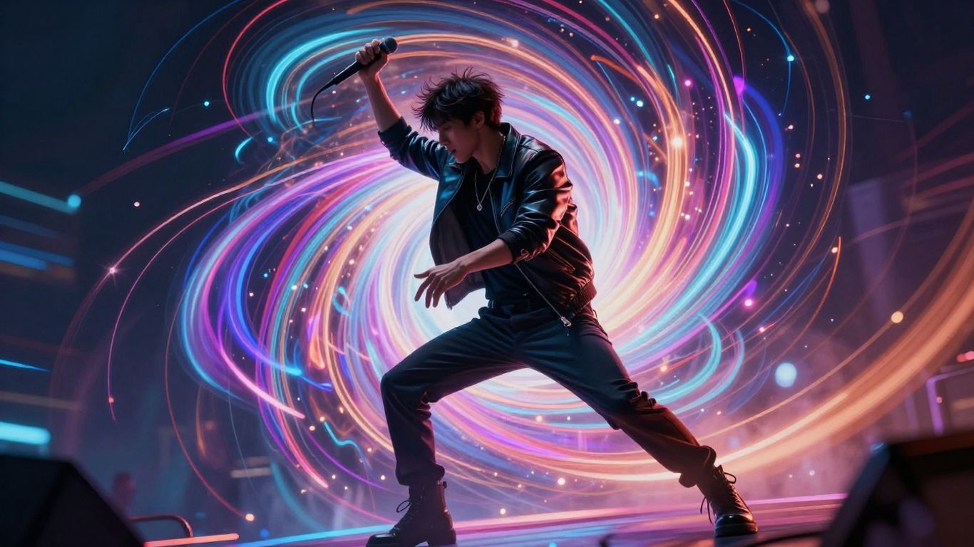 AI-generated music video visuals with a musician.