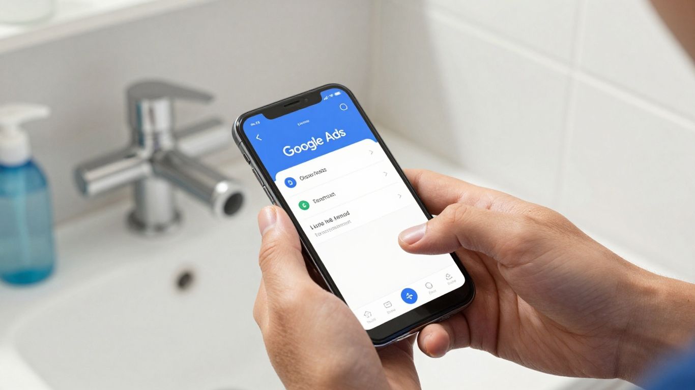 Plumber using Google Ads on a smartphone.