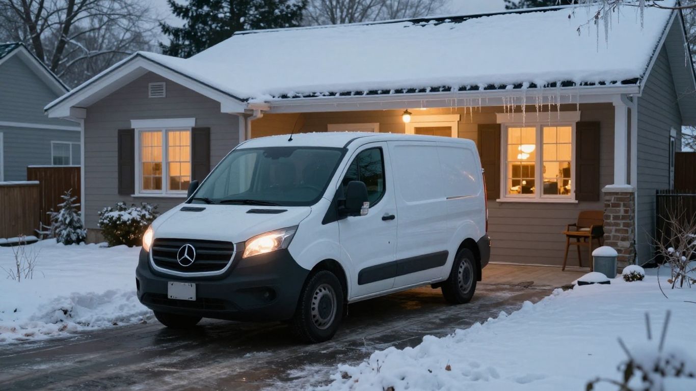 Contractor van in snowy driveway near cozy house.