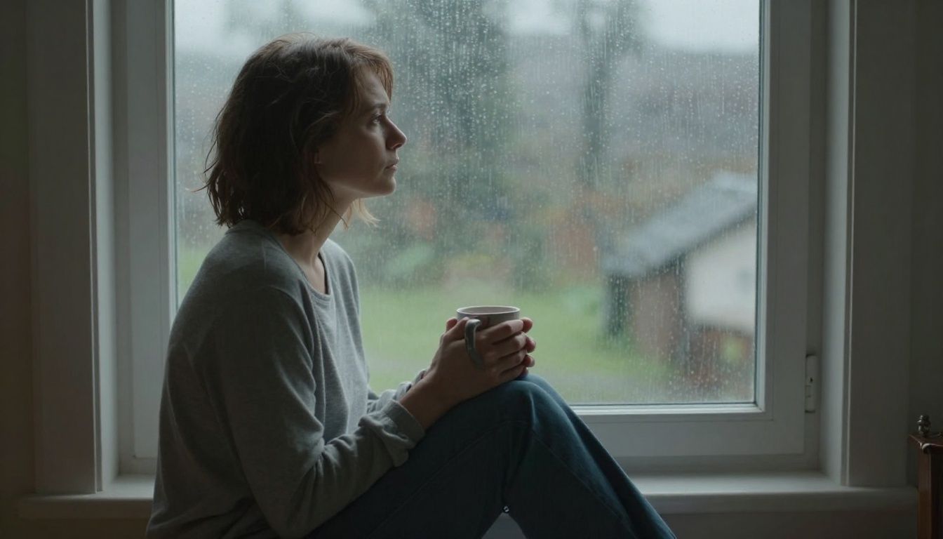 A woman sits quietly on a window seat, looking out at a gentle rain, her hands wrapped around a warm mug, conveying a mood of thoughtful reflection and quiet sorrow.