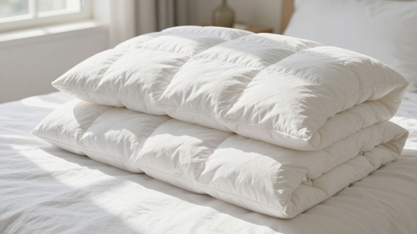 Fluffy white hypoallergenic down comforter on a white bed.