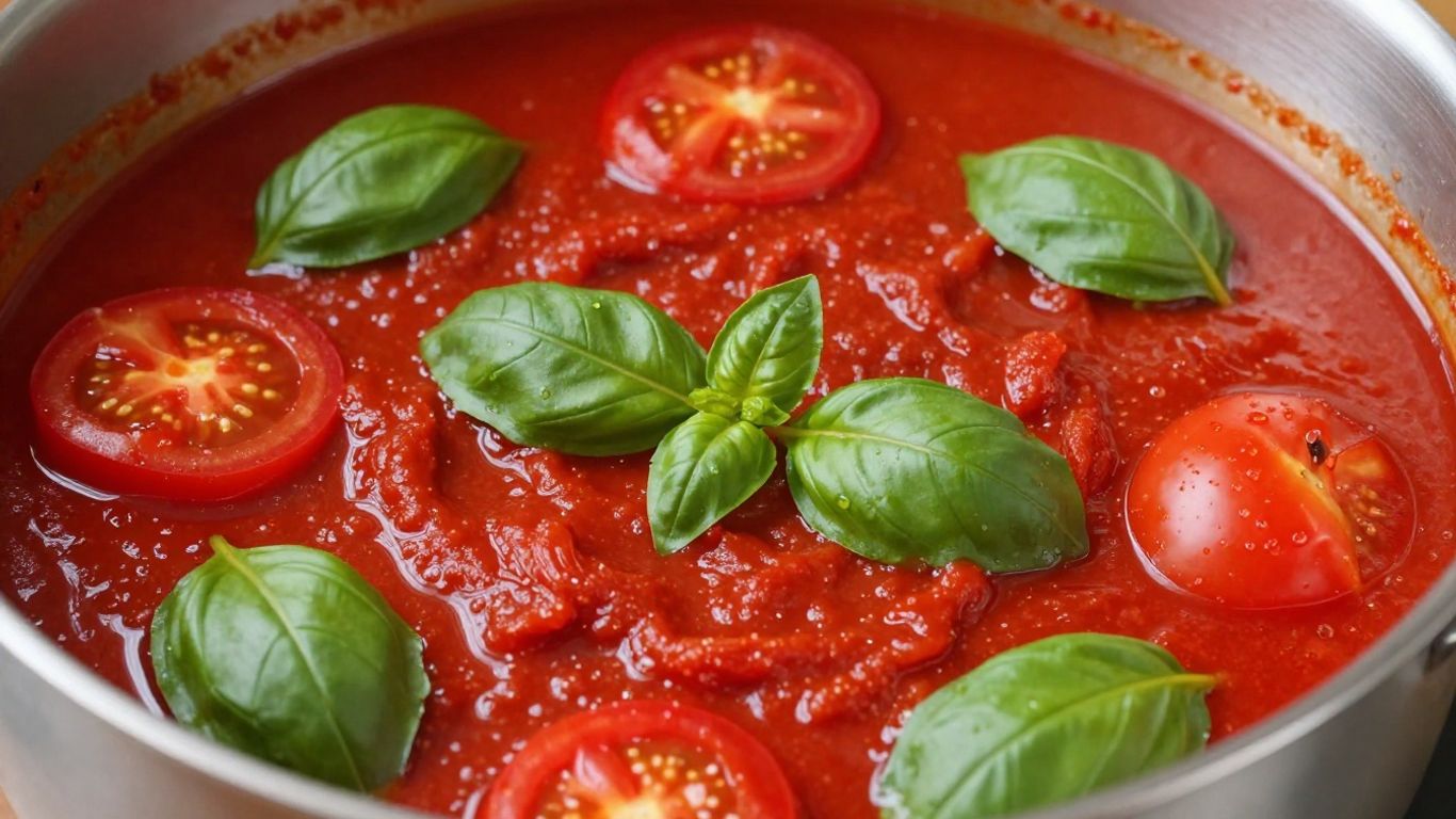Bubbling marinara sauce with fresh tomatoes and basil.