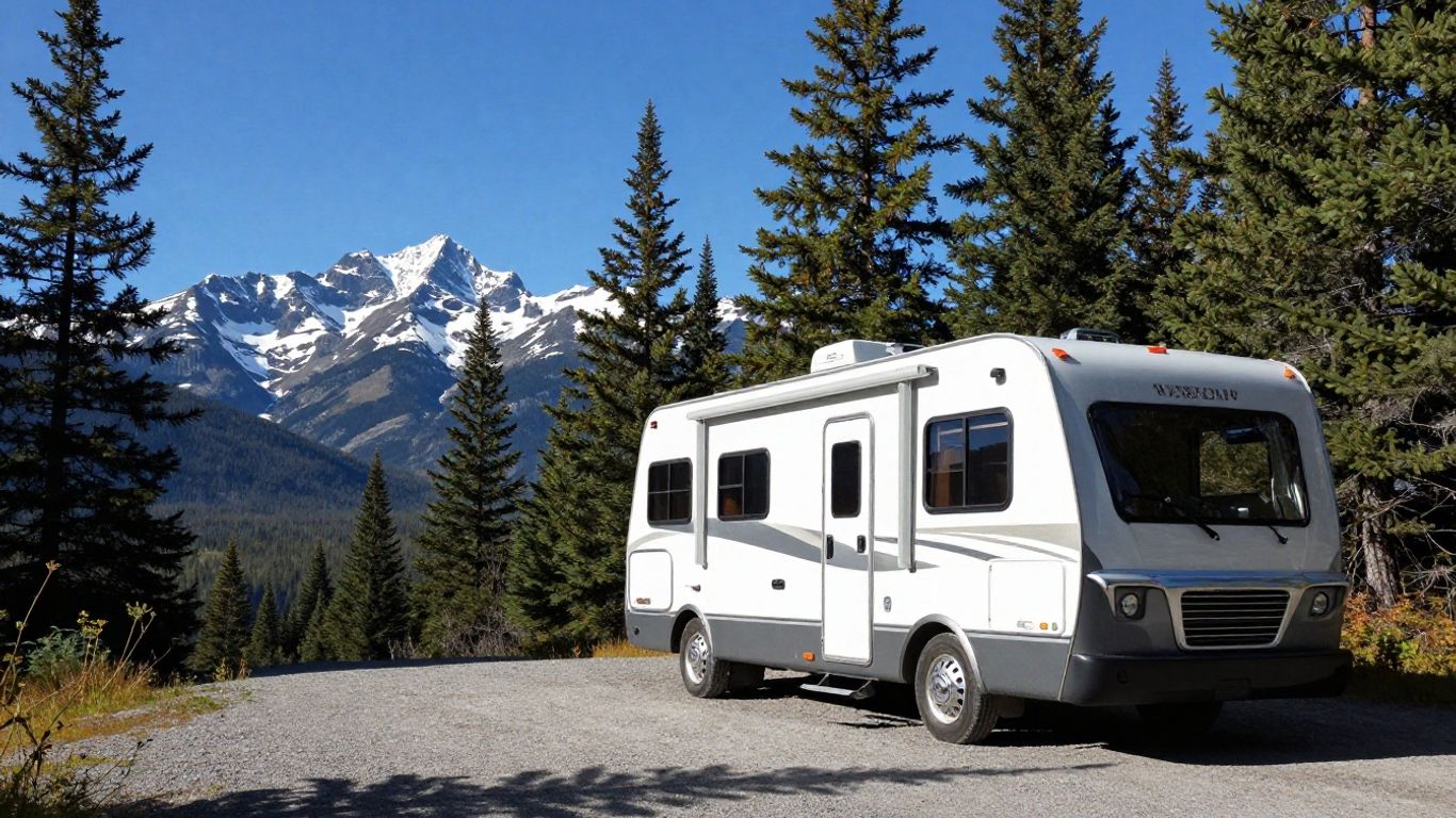 RV parked in scenic Canadian mountains with pine trees.