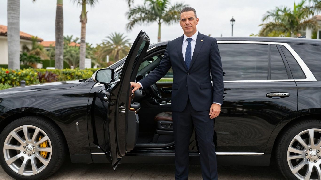A smartly dressed professional chauffeur standing beside a luxury SUV