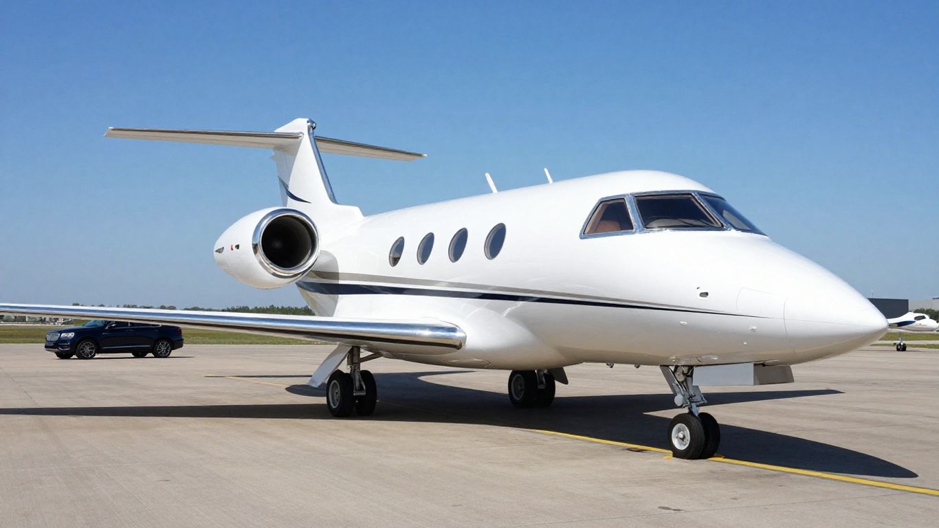 Sleek private jet on tarmac with luxury SUV.
