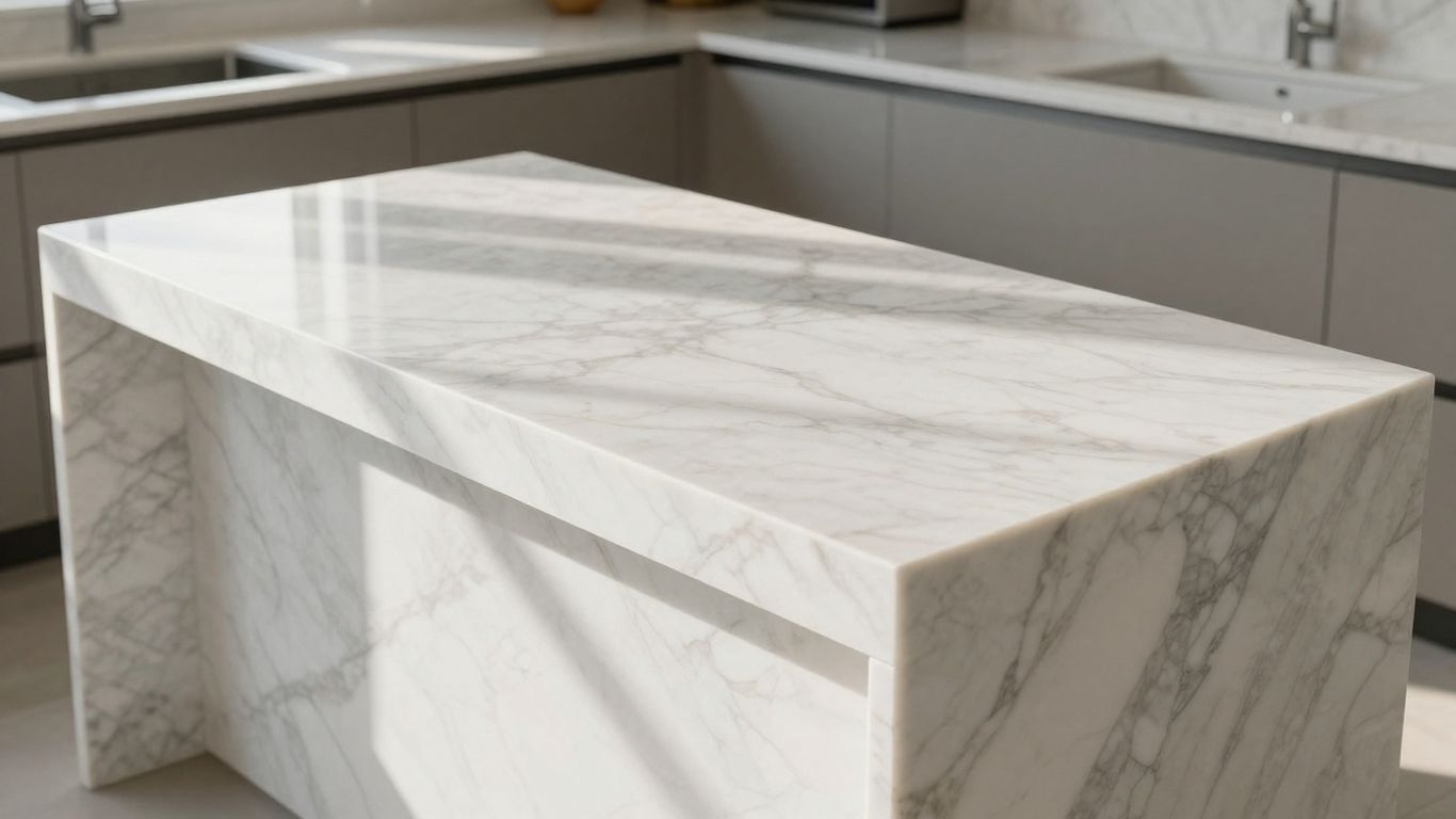 Elegant kitchen island with white marble countertops.