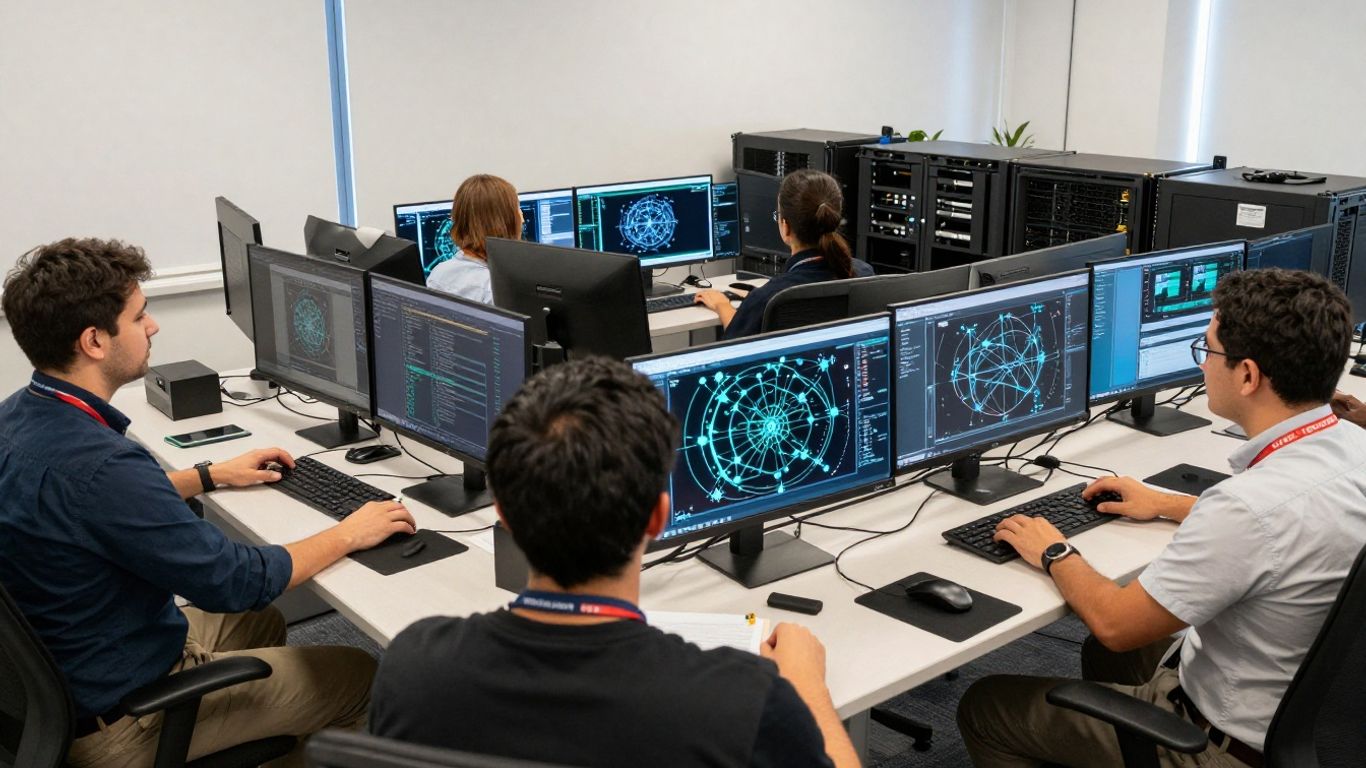Technicians monitoring business network systems