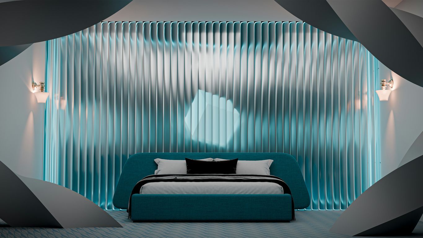 Modern bedroom with a teal bed and wavy wall