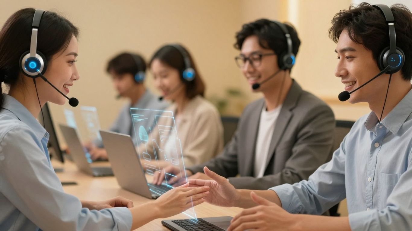 Call center agents connecting with customers using technology.