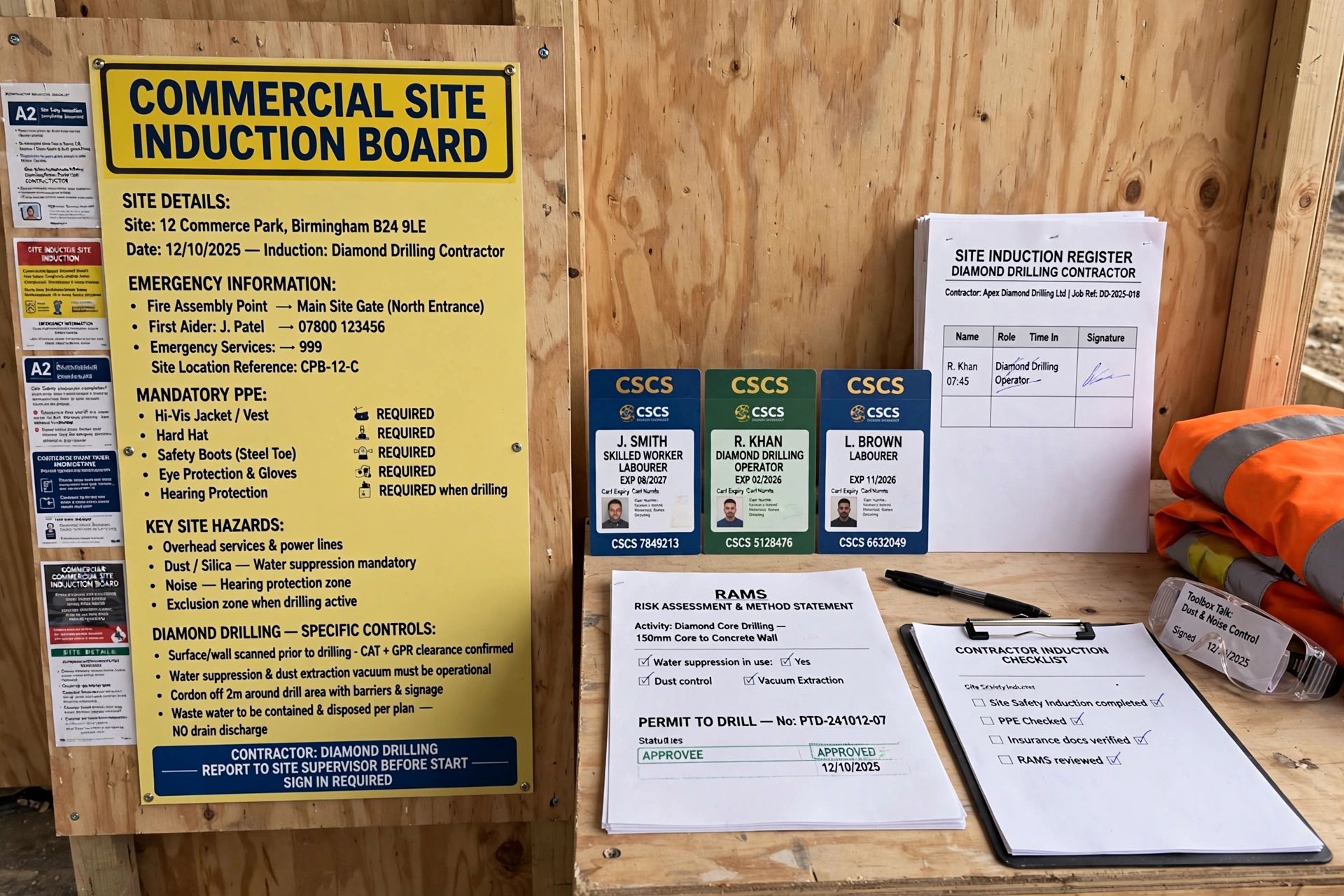 Commercial site induction board beside workers' CSCS cards and site paperwork, ready for a diamond drilling contractor's site induction
