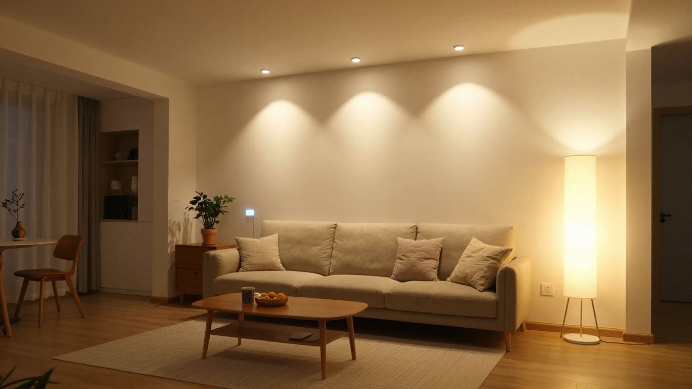 Low ceiling living room with smart ambient lighting.
