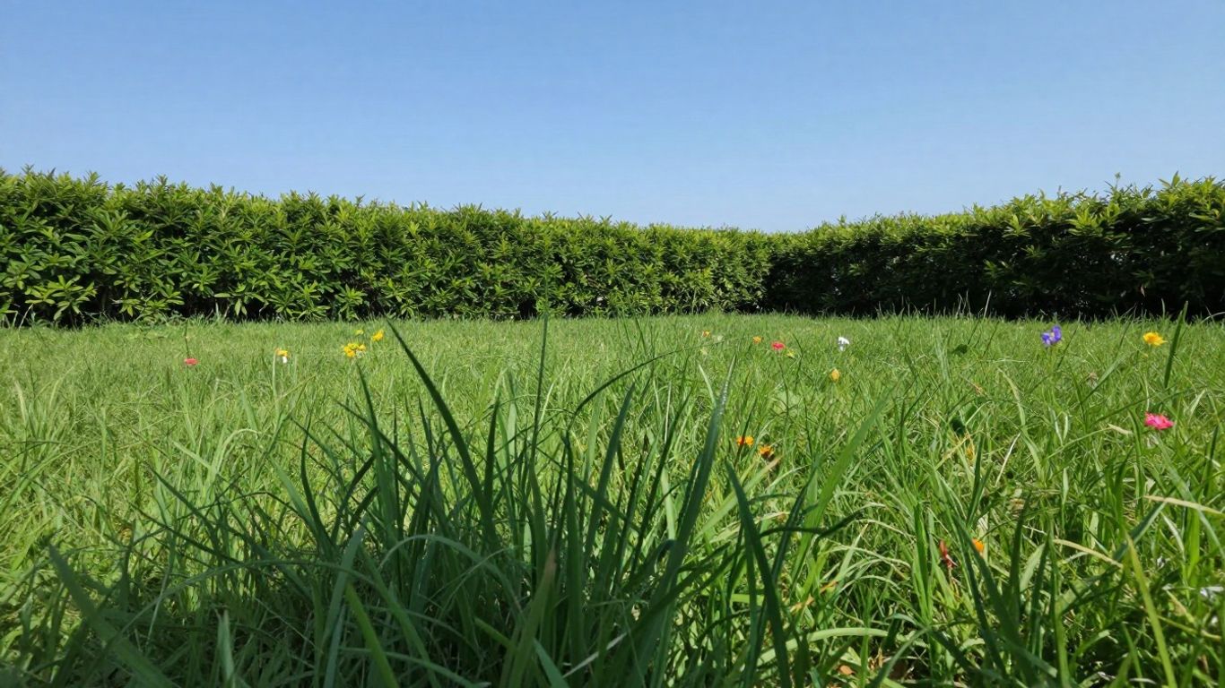 Healthy green lawn with blue sky and garden.