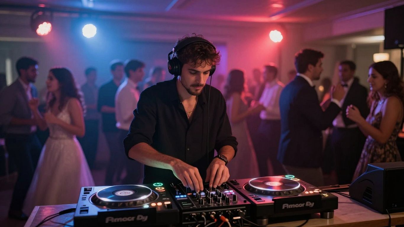 Wedding DJ performing at a reception with dancing guests.