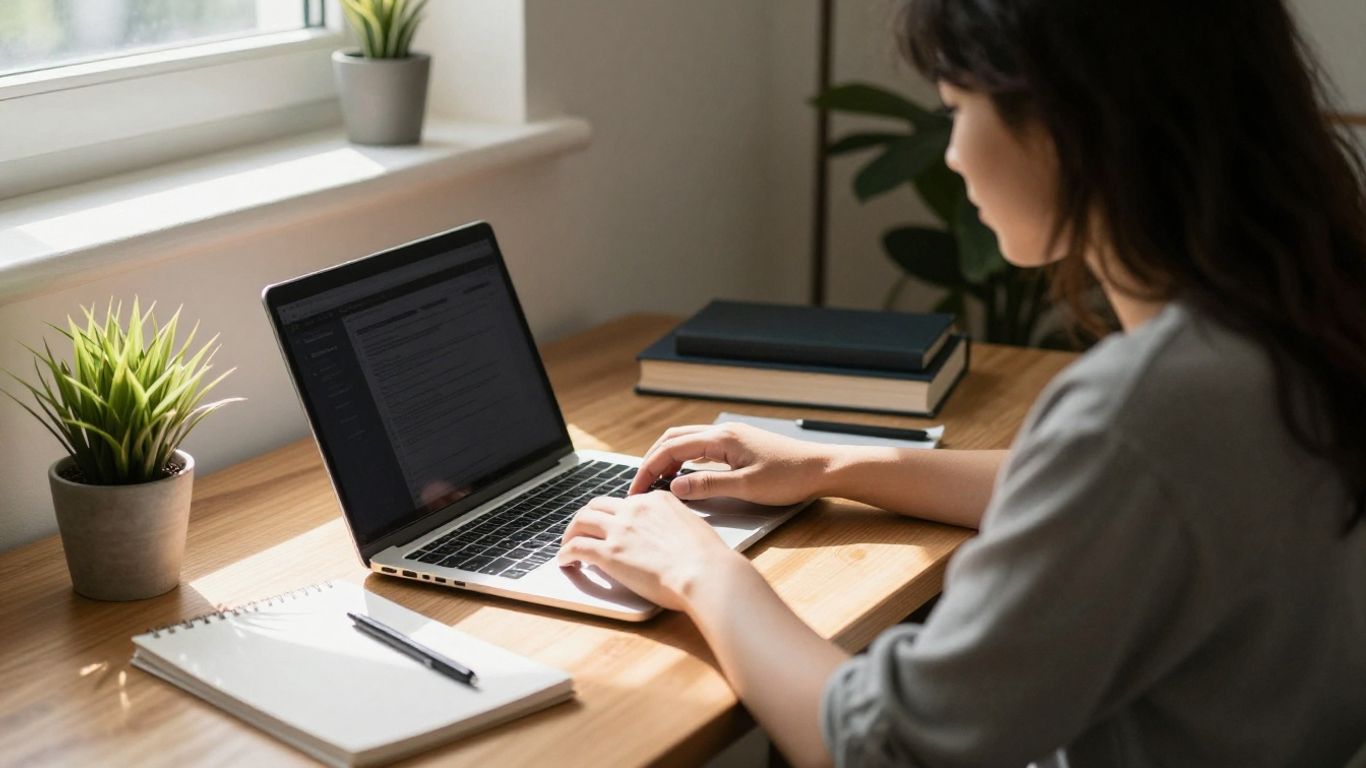 Pessoa trabalhando em casa com laptop e planta.
