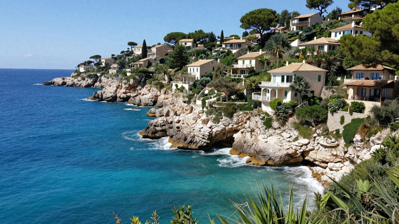 Cap d'Ail coastline with turquoise water and villas.