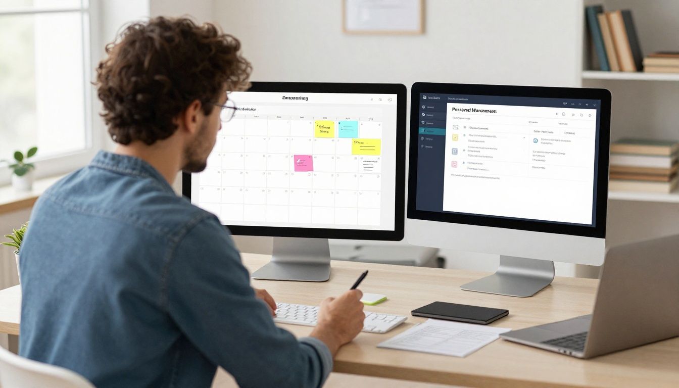 A diverse entrepreneur reviewing a digital planner alongside a personal management system on a clean desk, with a calendar, goals, and handwritten priorities visible, calm focused atmosphere, no readable text