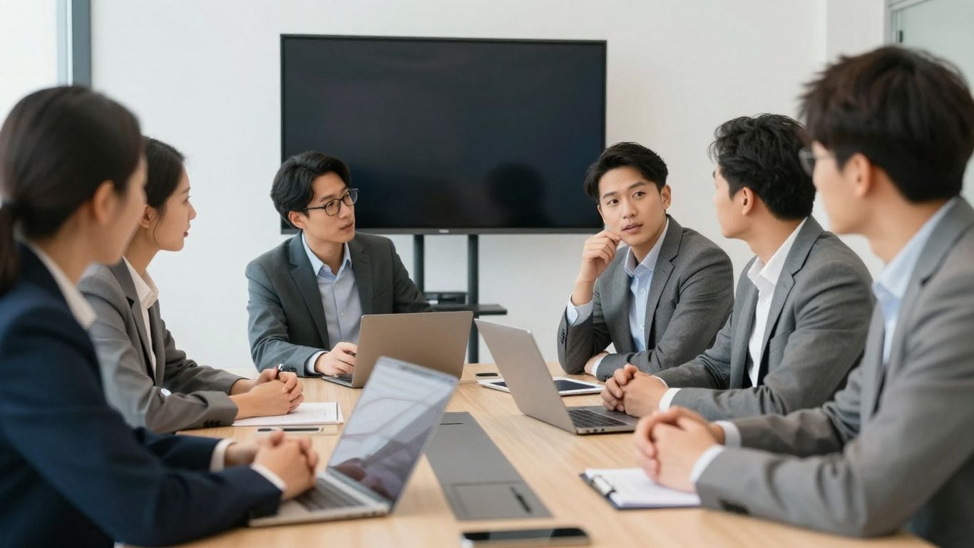 Business professionals collaborating on digital marketing strategy.