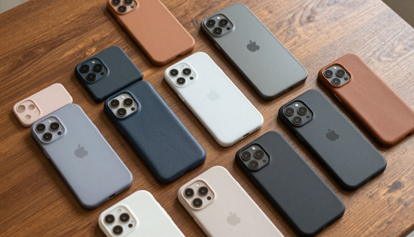 A collection of iPhone 17 cases in different materials like silicone, leather, and hard plastic, laid out on a wooden surface.
