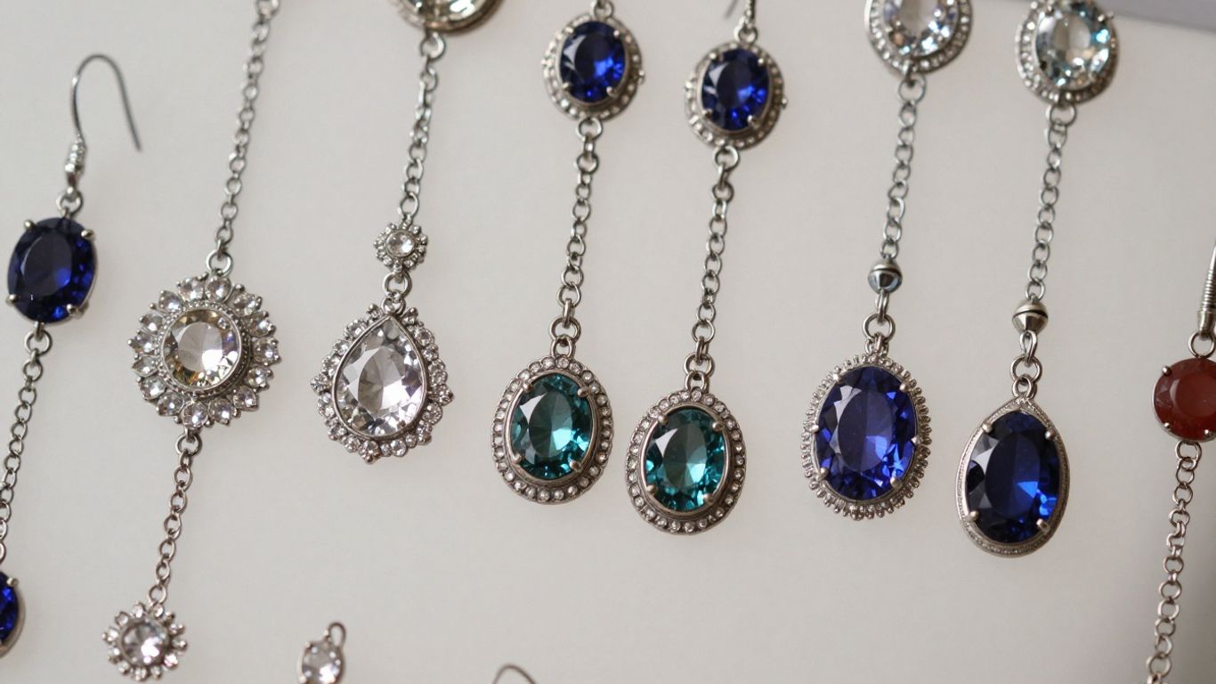 Assortment of elegant drop earrings with gemstones and metalwork.