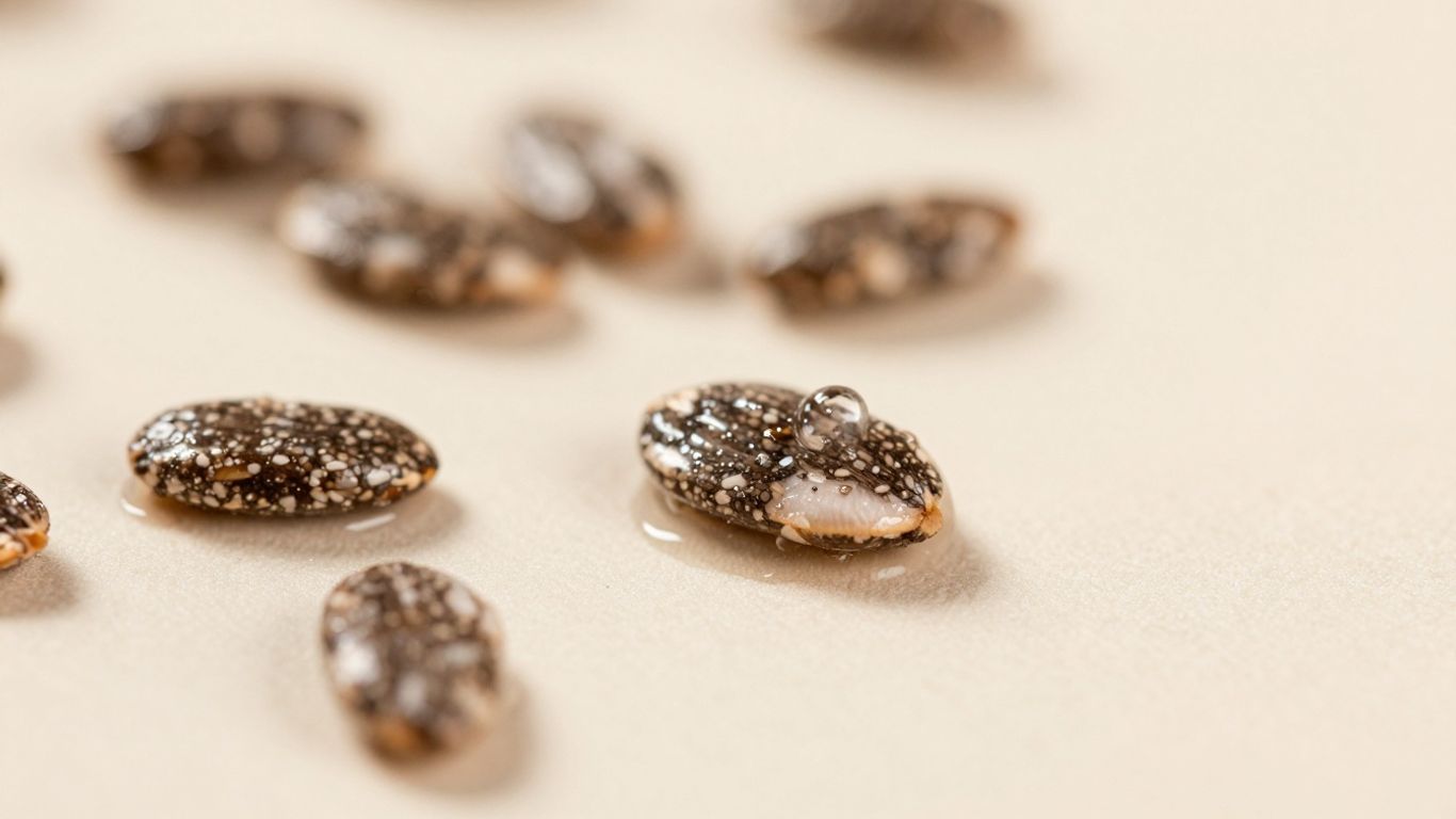 Hydrated chia seeds with water droplets for skin.