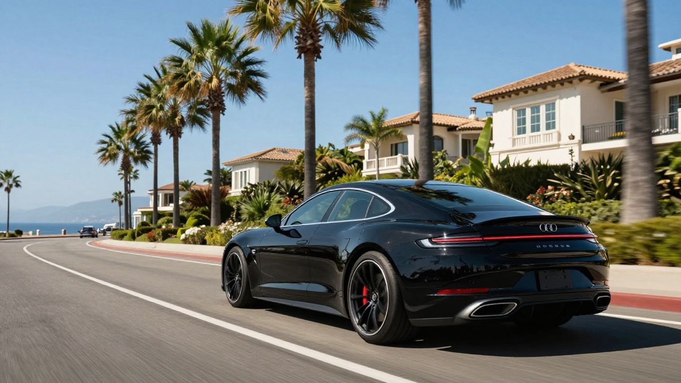 Luxury sedan on a scenic road in Palm Beach Gardens.