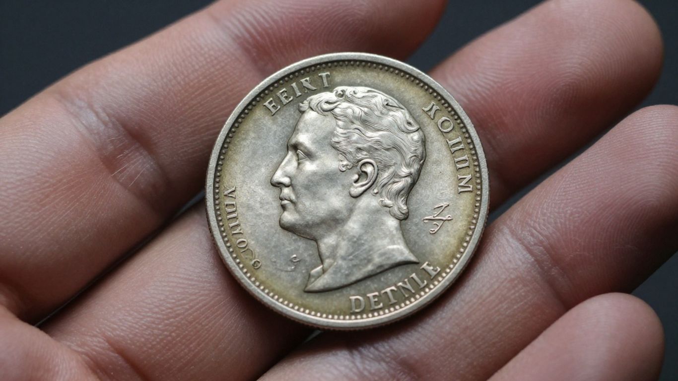 Close-up of a gloved hand holding a tarnished coin.