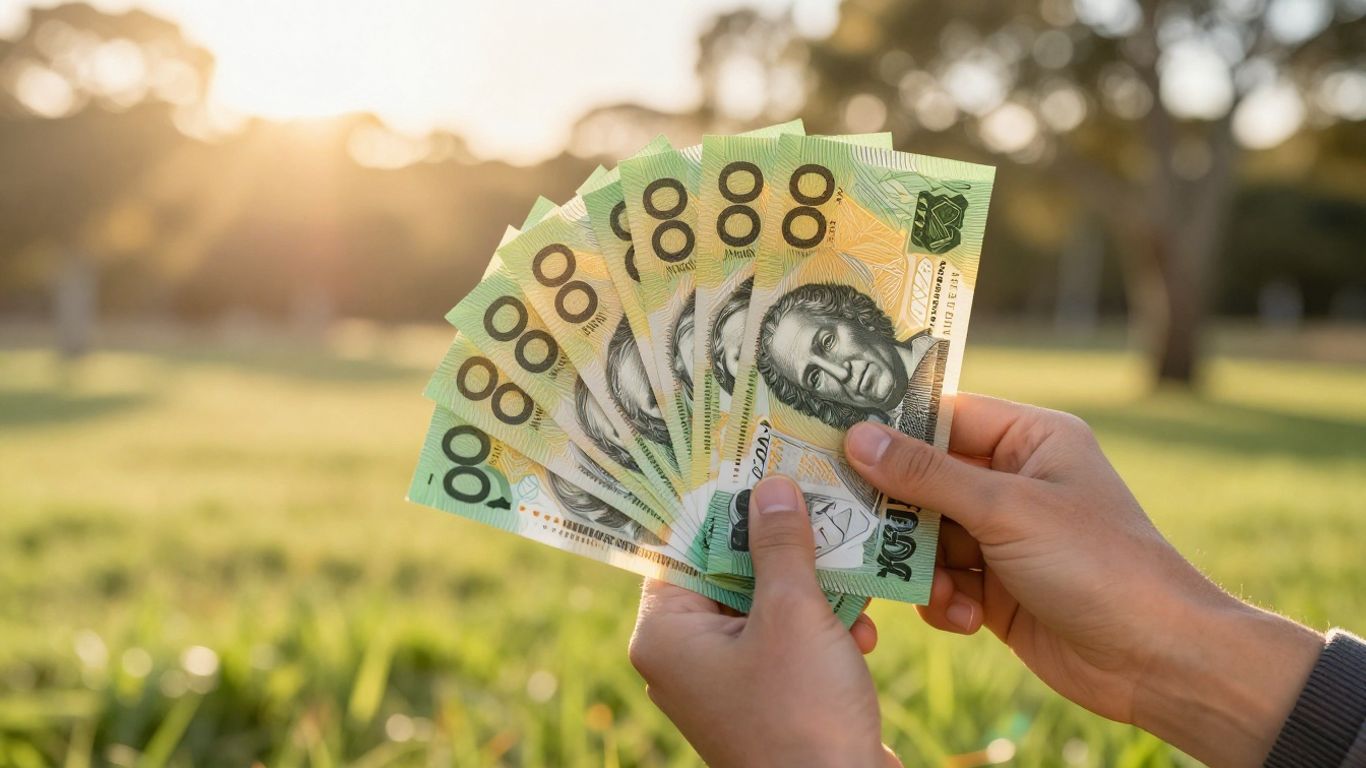 Person holding Australian dollars in sunny landscape.