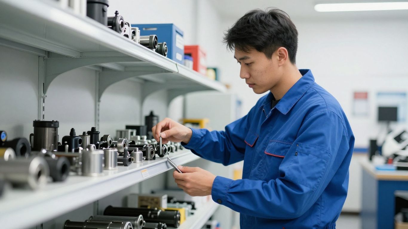 Mechanic organizing parts in a clean garage
