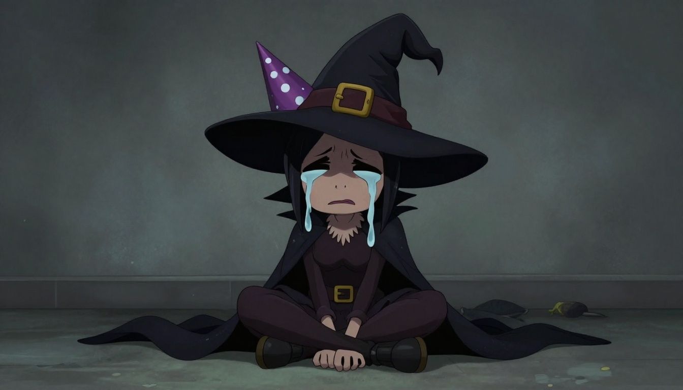 A cartoon Witch from Left 4 Dead sitting on the floor and crying, with a party hat on her head