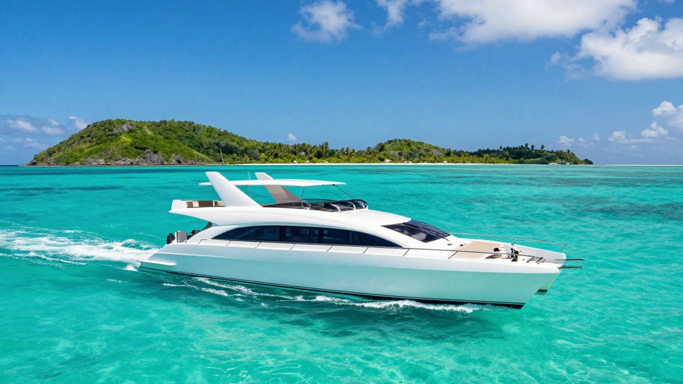 Catamaran sailing on clear blue water near an island.