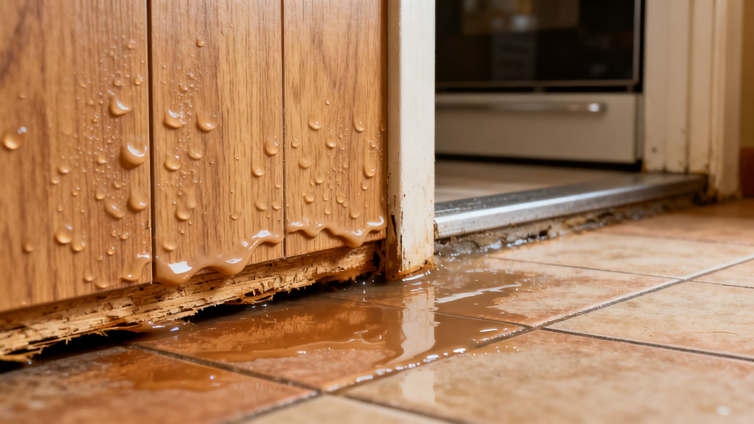 A swollen laminate board at a kitchen doorway, with raised joints caused by moisture reaching the HDF core