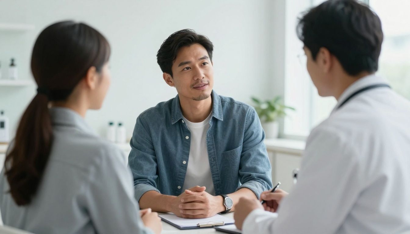 Realistic premium men’s health cover image showing a confident diverse man in his 40s speaking with a professional provider in an upscale clinic, with subtle lab and wellness details, natural lighting, no logos or text