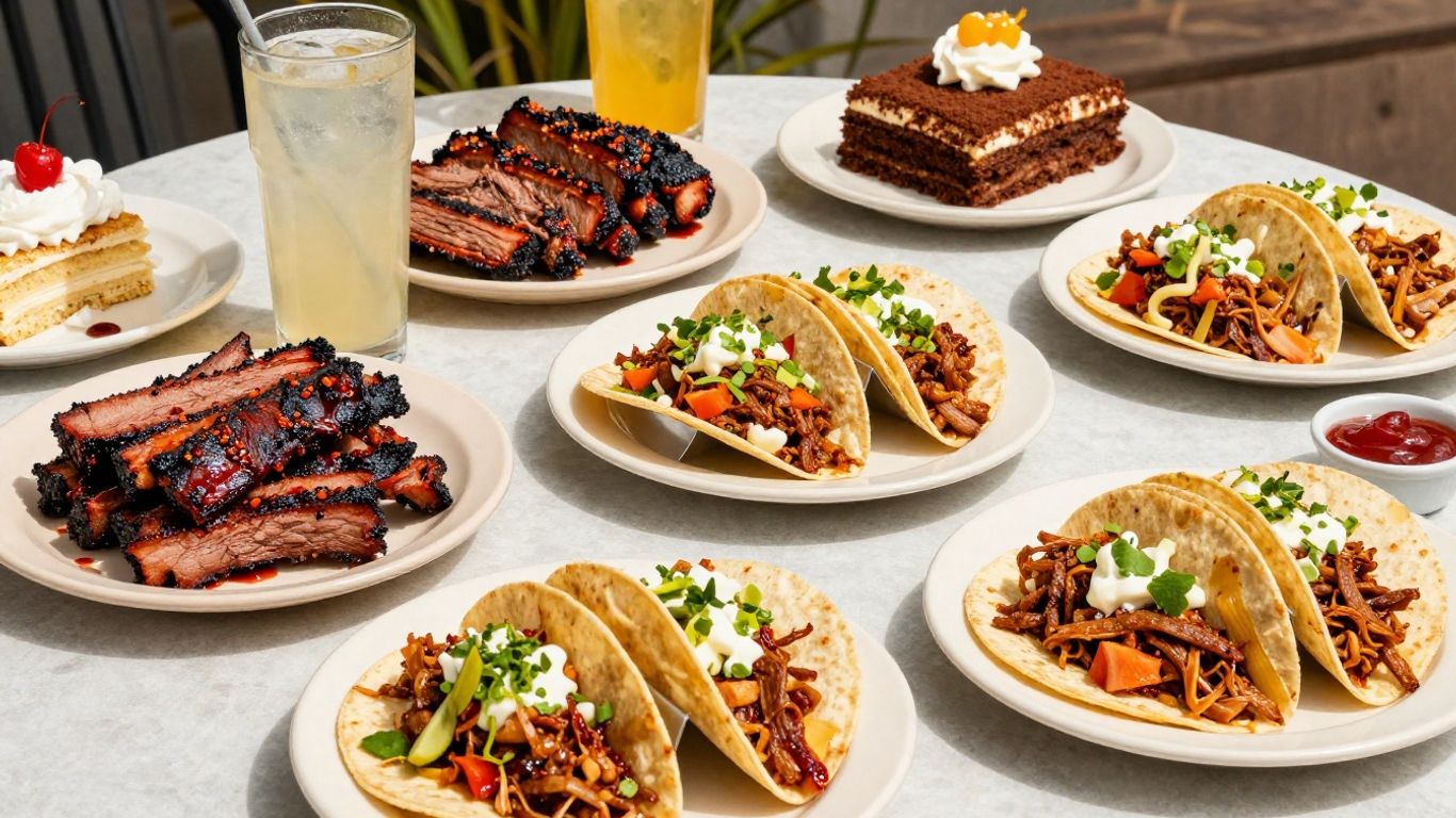 Austin food spread with barbecue, tacos, and desserts.