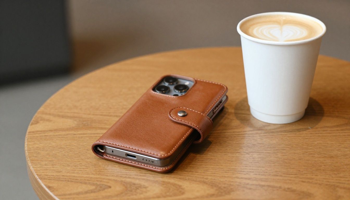 An iPhone 16 Pro in a stylish leather wallet case sitting on a cafe table next to a flat white coffee.