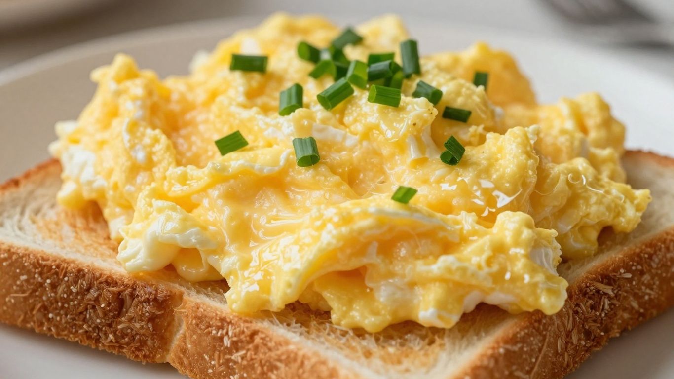 Scrambled eggs on toast with chives.