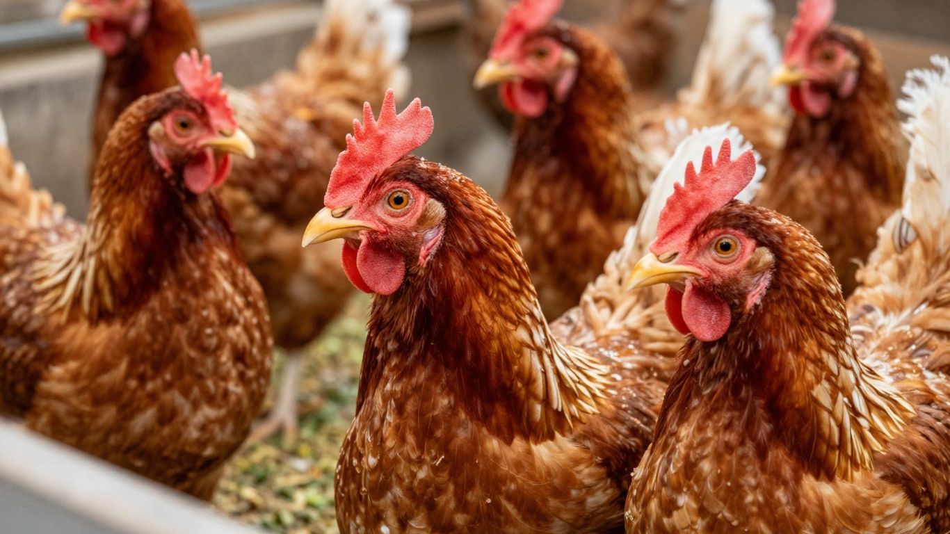 Zdrowe kurczaki w kurniku, symbolizujące wydajność i zdrowie.