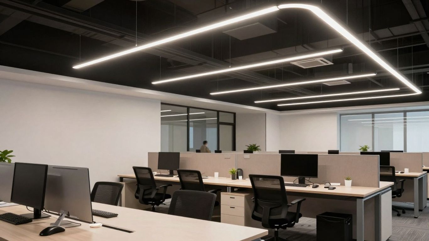 Modern office with efficient LED lighting.