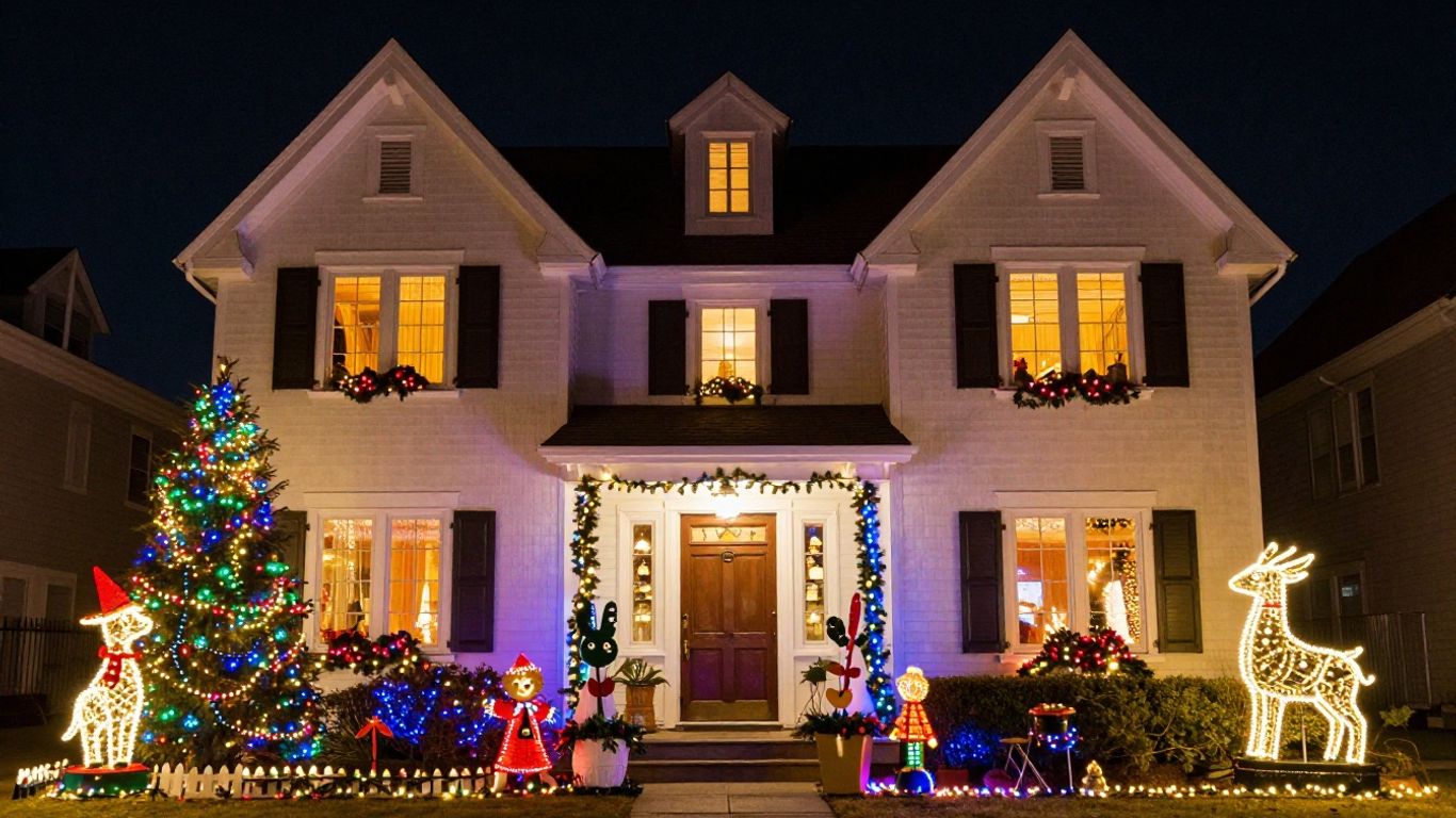 House decorated with colorful Christmas lights.