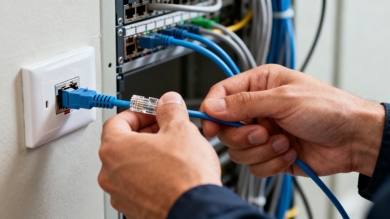 Technician connecting an Ethernet cable to a wall port.