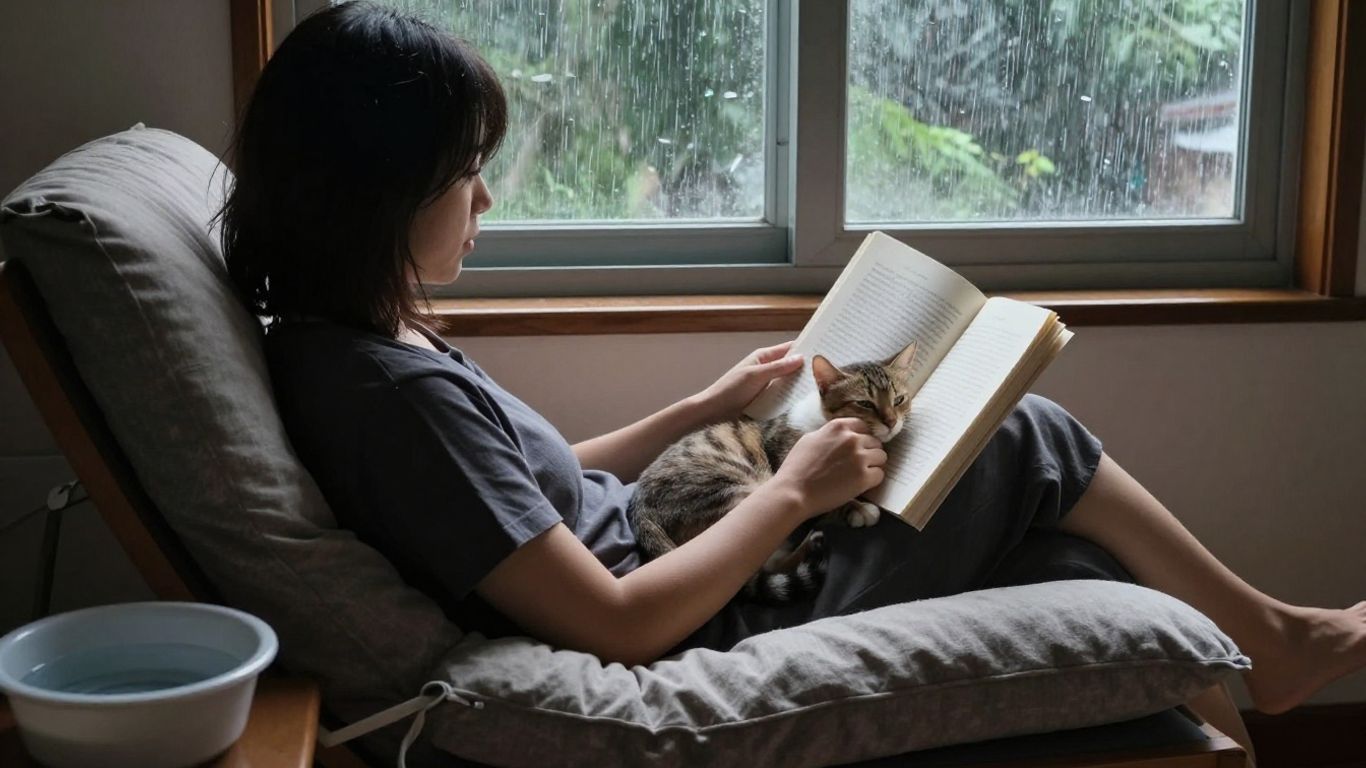 Cat resting in a quiet room during a rainstorm