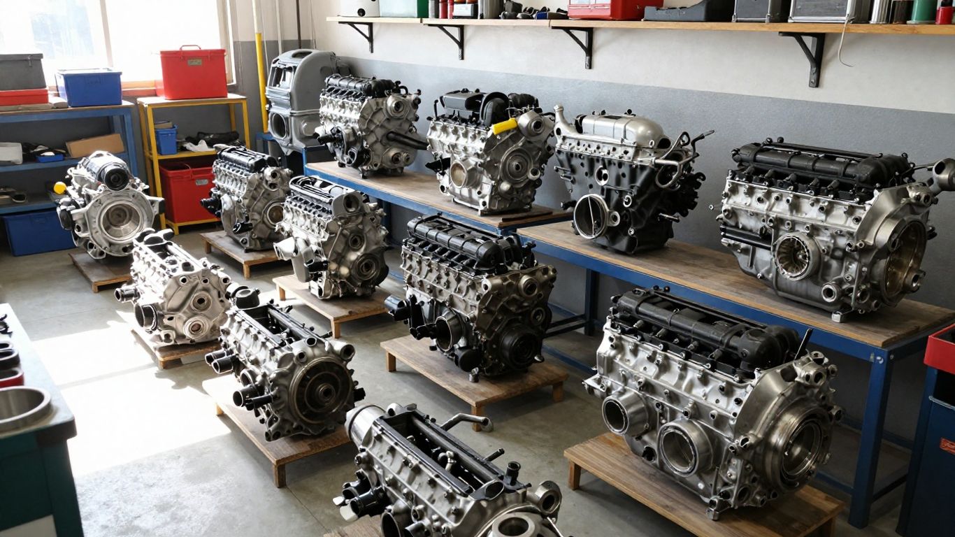 Chrysler engines and transmissions in a workshop.