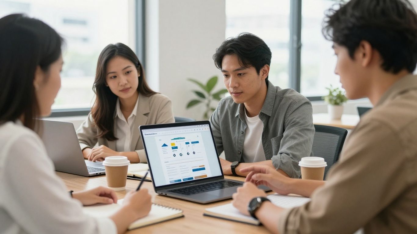 Equipe analisando estrutura de SEO e marketing
