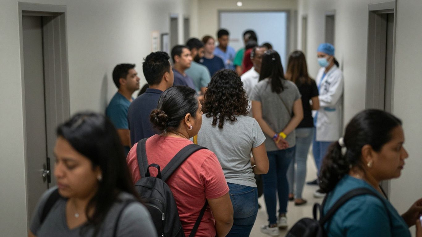 Coada lungă la spital, oameni așteptând.