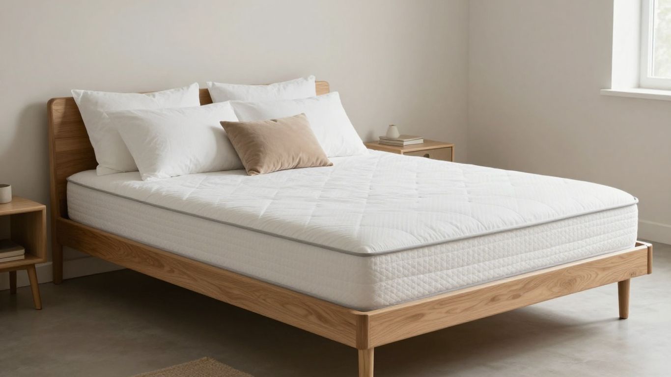 Cama cómoda y elegante con colchón blanco y marco de madera.
